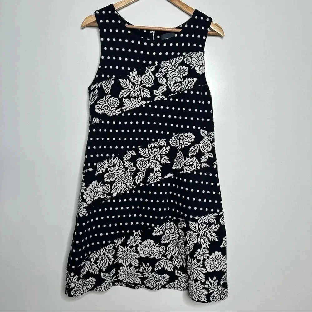 Maeve Anthro Effamy Black White Polka Dot Floral Sleeveless Knit Dress Medium - Picture 2 of 8